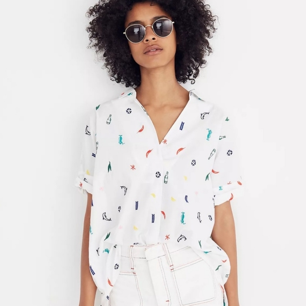 Madewell White Button-Up Blouse with Multicolor Mini Motifs